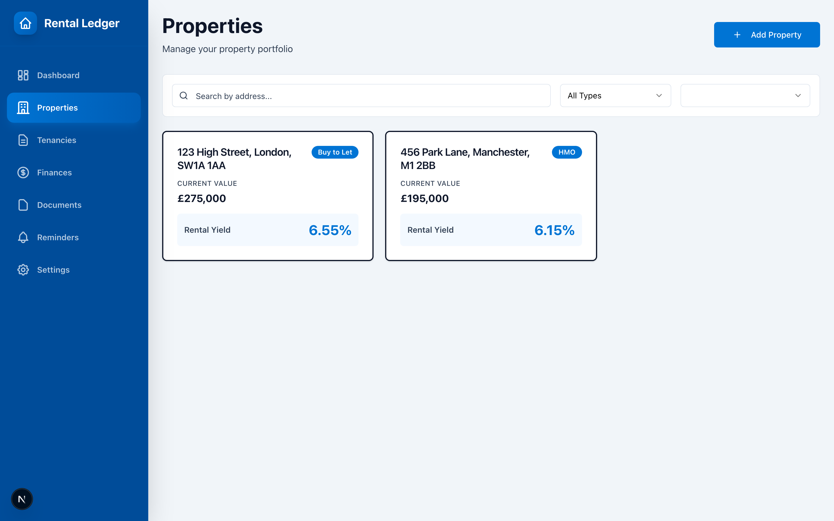 Properties list view showing multiple rental properties